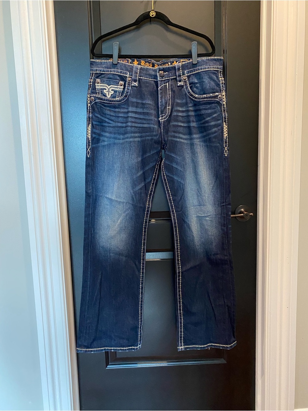 Rock Revival Arran Men’s Bootcut Jeans in Dark Blue with Contrast Stitching - Picture 2 of 12